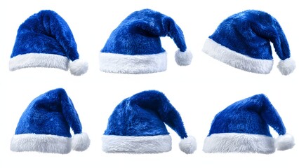 Collection of six fuzzy, bright cobalt blue Santa hats in multiple views, featuring white faux fur trim and pom-pom. Isolated Christmas element for festive design and winter holiday concepts.