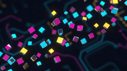 Abstract Digital Background Featuring Vibrant Floating Cubes and Circuit Lines Representing Data Flow
