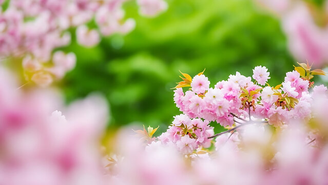 Beautiful pink cherry blossoms with lush green bokeh background creating a dreamy spring nature