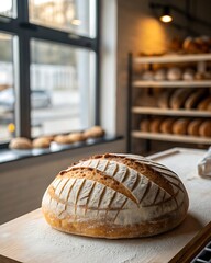 Close up of artisan sourdough bread loaf on a wooden surface