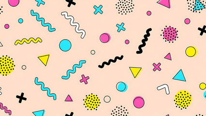 Seamless Memphis style pattern with geometric shapes and bright colors for 80s and 90s retro background