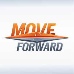 A modern logo featuring the words 'MOVE FORWARD' with a futuristic, sleek, orange and silver design element.