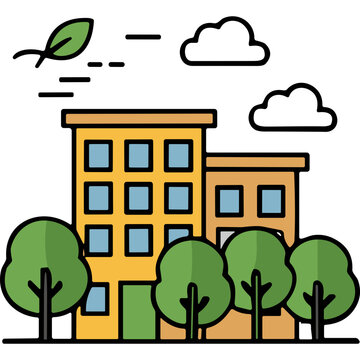 Stylized illustration of apartment buildings nestled among lush green trees under a clear sky with a single leaf blowing in the wind creating an urban oasis atmosphere.