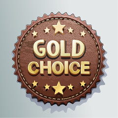 A detailed illustration of a brown leather-textured badge with gold 'GOLD CHOICE' text and stars, symbolizing premium quality or an award.