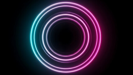 Abstract neon concentric circles background with vibrant pink and blue glowing light on black.