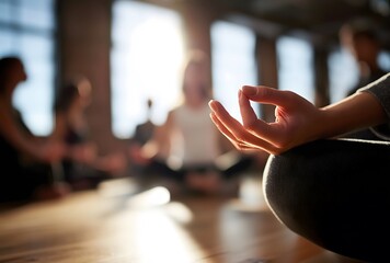 Woman meditating in yoga class holding mudra gesture
