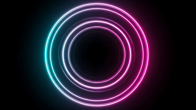 Abstract neon concentric circles background with vibrant pink and blue glowing light on black. - Powered by Adobe