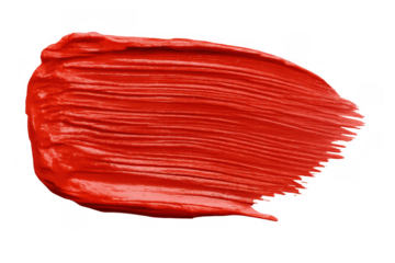 Red paint brush stroke creating an expressive texture on transparent background, reflecting cosmetic and artistic themes