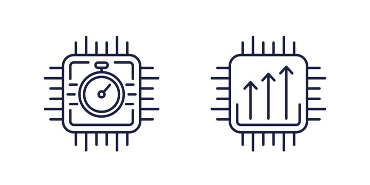 chipset performance line icons, cpu or microchip speed test vector