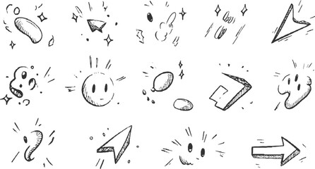 Hand drawn doodle icons and symbols with stars and motion lines sketch