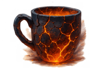 Lava coffee mug hot volcanic drink on transparent background representing extreme energy and heat concept