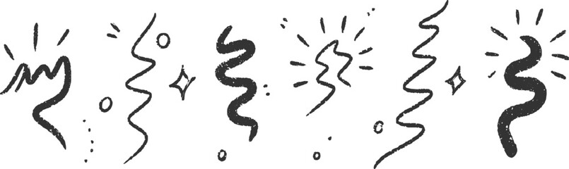 Black hand drawn wavy lines and sparkles on white background abstract celebration