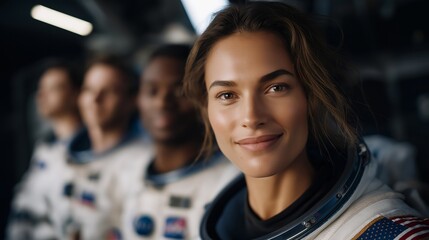 A multicultural team of astronauts floating in a spacecraft module, each patch on their suit representing a different nation — international space collaboration, shared scientific mission, and