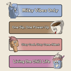 Retro Cartoon Drink Mascot Set with Fun Slogans
