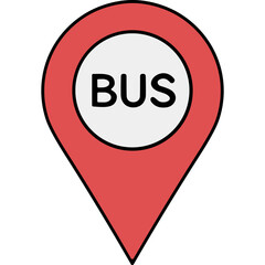 Red Location Pin Icon with White Circle and Black Text BUS Inside On Black Background Flat Design Vector Illustration
