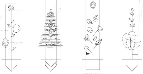 Four hand drawn line art botanical illustrations in vertical frames showing different plants and trees