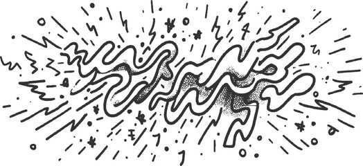 Black and white abstract doodle explosion with wavy lines and dots vector