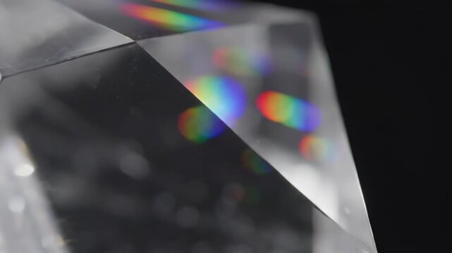 Extreme macro shot of sharp crystal facet edges rotating slowly, generating intense light trails and brilliant prismatic effects overlay, corporate, artistic