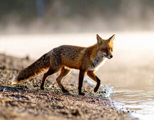Obraz premium Red fox standing in the lake. The fog envelops the surroundings.