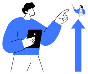 Person holding tablet points to mentor teaching with documents near large upward arrow. Ideal for career growth, planning, guidance, leadership, success, education, teamwork. Clean simple flat