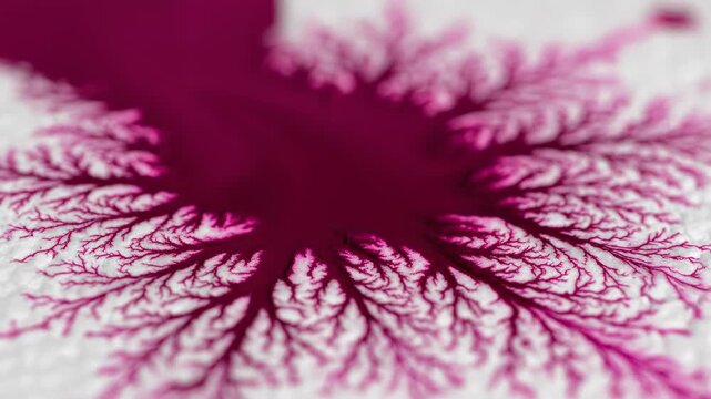 Extreme macro slow motion of thick vibrant magenta ink bleeding and expanding unpredictably through white absorbent paper fibers creating complex organic paths design, growth, complexorganicpaths