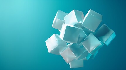 Abstract geometric cluster of translucent cubes against a teal background
