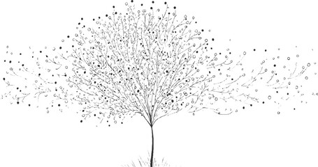 Black and white line drawing of a tree with scattered dots and circles sketch
