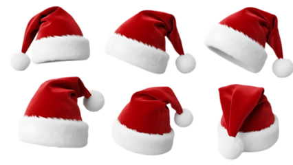 Collage with Santa Claus hats set, closeup objects. Isolated on transparent background. Christmas and New Year celebration