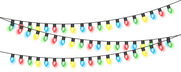 Fototapeta premium Multicolor Christmas String Lights PNG – Red Green Blue Yellow Festive Hanging Bulb Garland