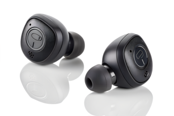 Pair of sleek black wireless earbuds showcasing modern audio technology design