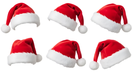 Collage with Santa Claus hats set, closeup objects. Isolated on transparent background. Christmas and New Year celebration