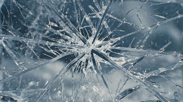 Extreme macro view of a large clear ice block slowly fracturing into angular, sharp pieces creating detailed fissures and internal cracks motion, large clear ice block, environmental concept