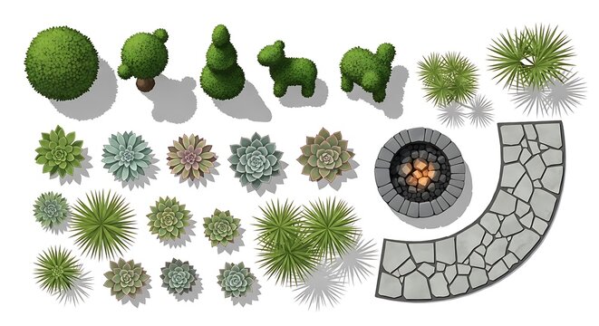 Top down view of garden elements including topiary animals and stone fire pit