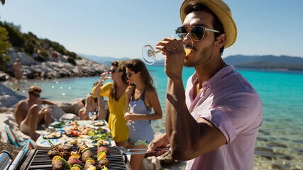 Friends gather by the shore, grilling tasty treats and sharing smiles. The vibrant colors of food and clear blue water create a joyful summer atmosphere filled with laughter
