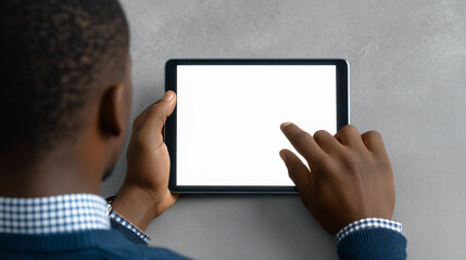 African American man holding a digital tablet with blank white screen on grey background, perfect mockup for app, website or digital content design.