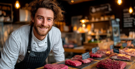 Smiling butcher presenting fresh meat cuts inside modern shop with warm ambient lighting