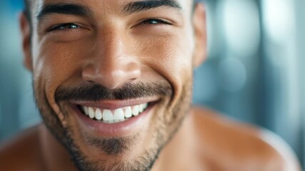 A man with a bright smile radiates joy and confidence. He stands inside a lively gym, showcasing his passion for fitness and positivity. The atmosphere is energetic and motivational