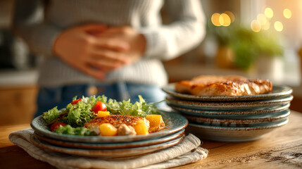 Stomach discomfort after heavy meal with food plates and hands on abdomen