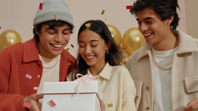 Three friends gather in a vibrant setting, sharing laughter and smiles. They joyfully celebrate together while surrounded by balloons and confetti, creating lasting memories