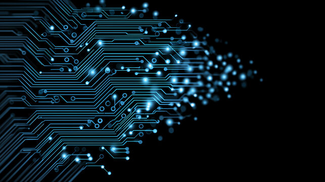 Futuristic glowing circuit board lines spreading forward, digital technology and data flow concept on dark background.