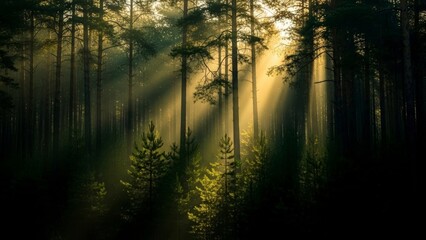 Sunlight streaming through a dense forest creating a mystical and serene atmosphere.