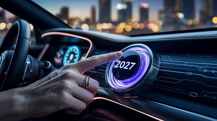 Close up of a human finger touching a futuristic car dashboard displaying the year 2027 with glowing lights and a city skyline at night
