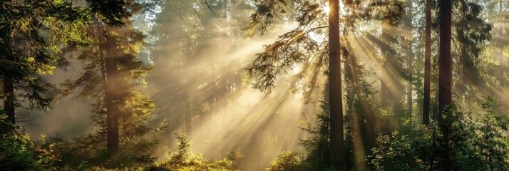 Fototapeta premium Fresh Spring Forest With Sun Rays Cutting Through Branches and Soft Fog Creating a Natural Wide Background for Text