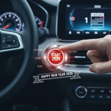 Hand pressing a start button on a car dashboard with digital display, symbolizing new beginnings and resolutions for the year 2026, conveying motivation and determination