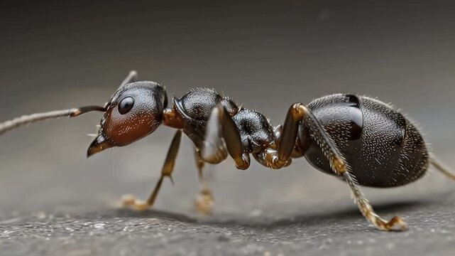 An extreme close-up macro shot features a meticulously detailed black ant as it navigates a textured, rough surface. The video highlights the intricate details of its segmented body, prominent compoun
