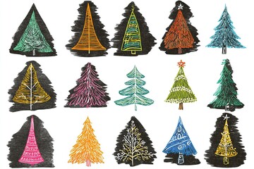Obraz premium Colorful illustration of various stylized trees in vibrant hues, showcasing unique textures and shapes, set against a dark background, creating a whimsical holiday atmosphere