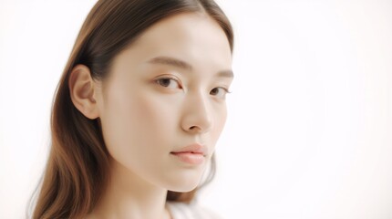 Fototapeta premium Realistic portrait of a fictional woman with soft cinematic light, pastel tones, and shallow depth of field, perfect for commercial and lifestyle photography.