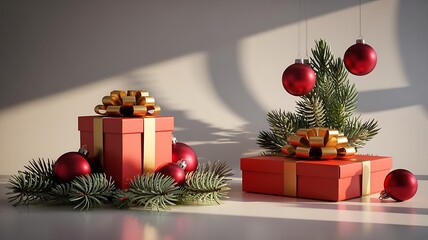 Festive christmas scene with red gift boxes a small decorated evergreen tree and red ornaments casting shadows on a wall
