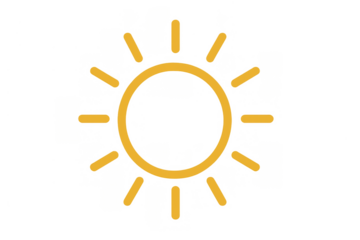 Sun icon representing summer weather, sunshine, heat, light, and brightness on transparent background