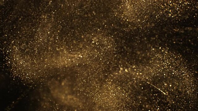Extreme slow motion macro shot of shimmering golden particles slowly dispersing and stretching across a dark void, symbolizing infinite temporal expansion texture, stream, time